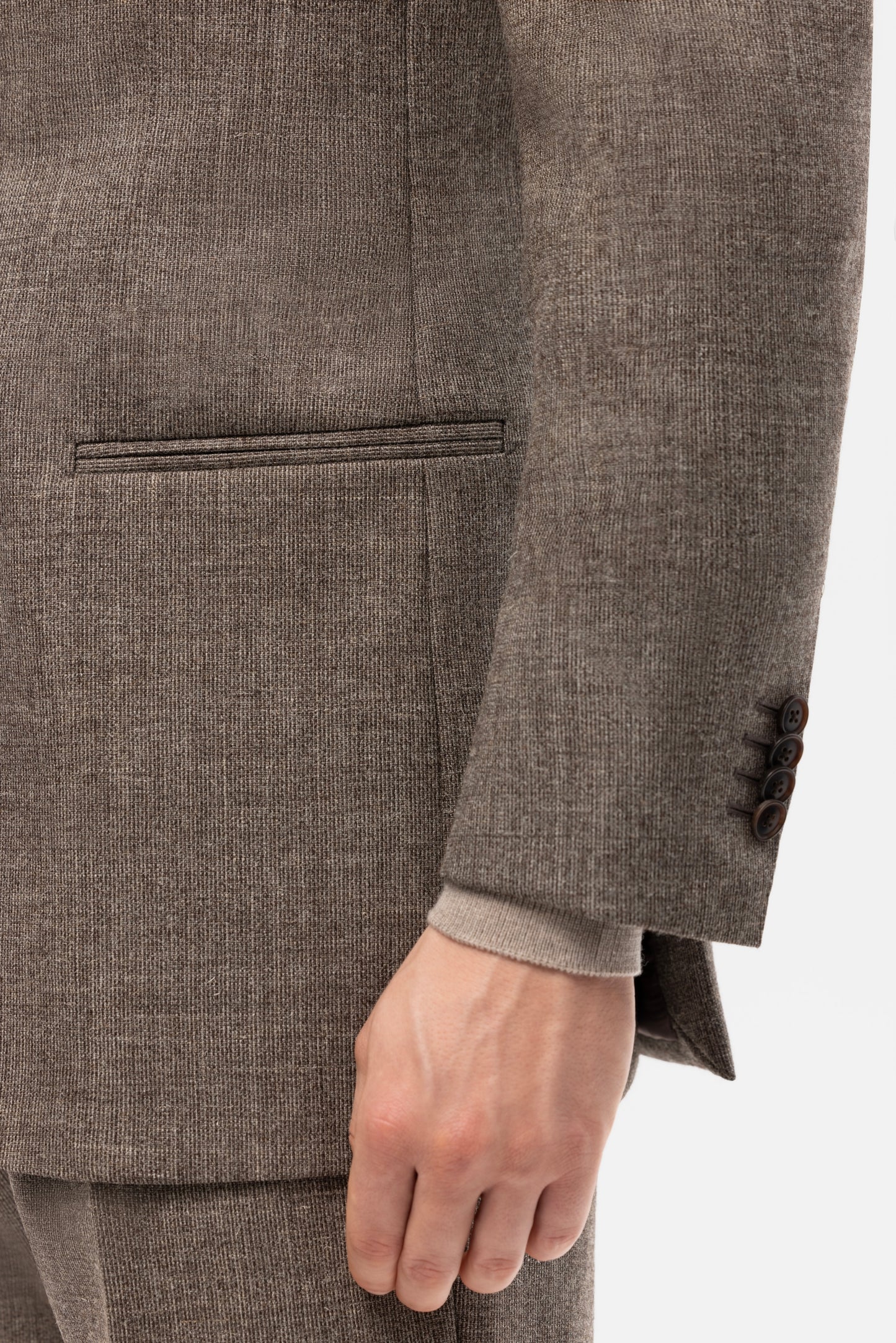 Beżowo-brązowy garnitur jednorzędowy z niebarwionej wełny