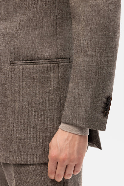 Beżowo-brązowy garnitur jednorzędowy z niebarwionej wełny