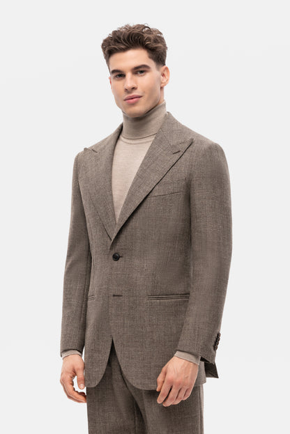 Beżowo-brązowy garnitur jednorzędowy z niebarwionej wełny