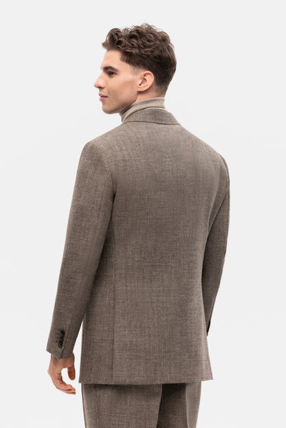 Beżowo-brązowy garnitur jednorzędowy z niebarwionej wełny