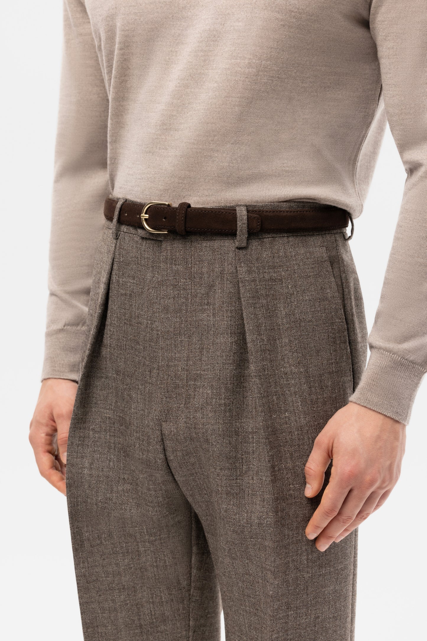 Beżowo-brązowy garnitur jednorzędowy z niebarwionej wełny