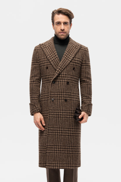 Brown PoW check double-breasted overcoat