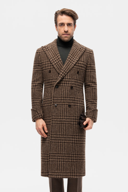 Brown PoW check double-breasted overcoat