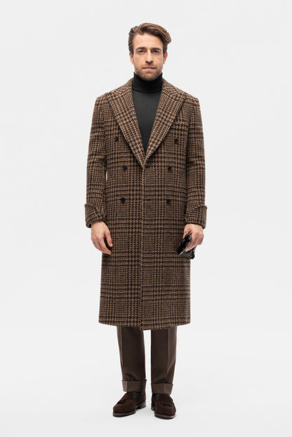 Brown PoW check double-breasted overcoat