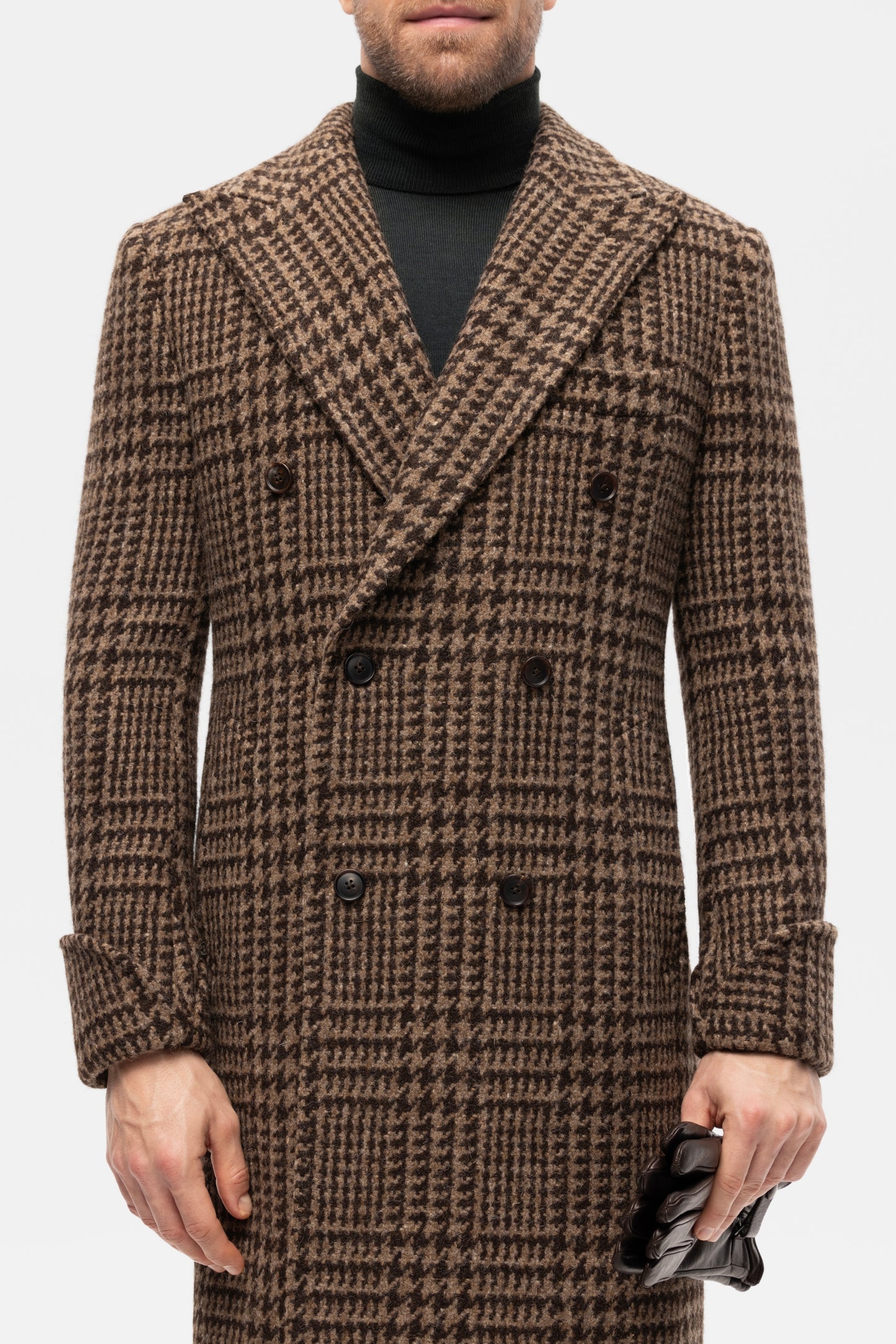 Brown PoW check double-breasted overcoat