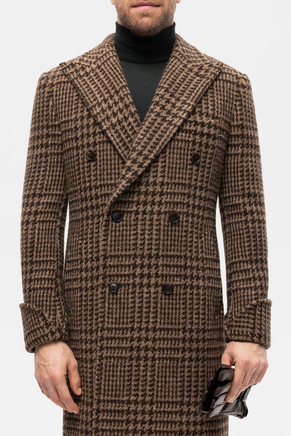 Brown PoW check double-breasted overcoat