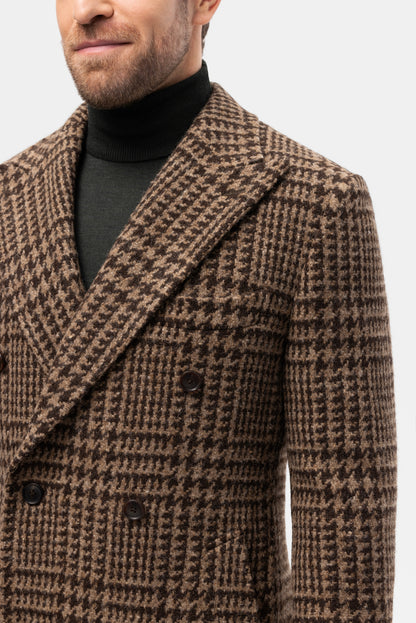 Brown PoW check double-breasted overcoat