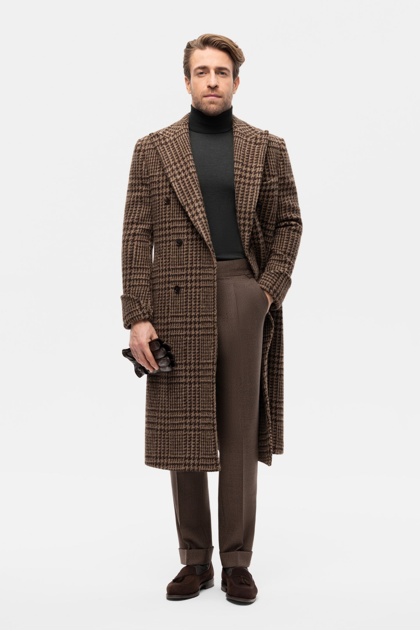 Brown PoW check double-breasted overcoat