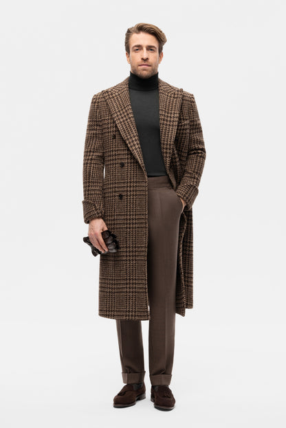 Brown PoW check double-breasted overcoat