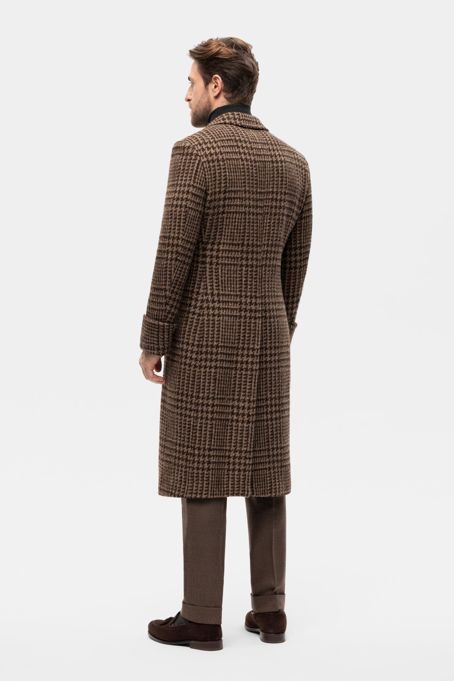 Brown PoW check double-breasted overcoat