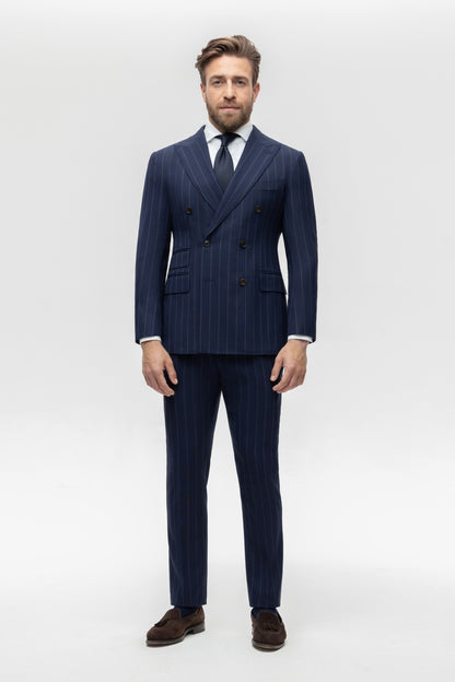 Costume bleu marine croisé à rayures fines 4 plis