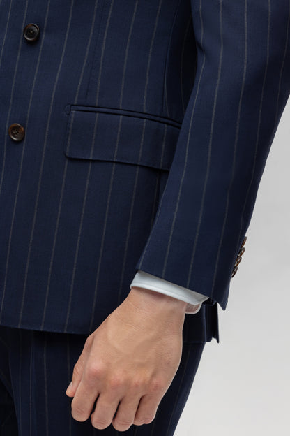 Costume bleu marine croisé à rayures fines 4 plis