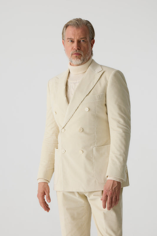 Costume croisé en velours côtelé crème