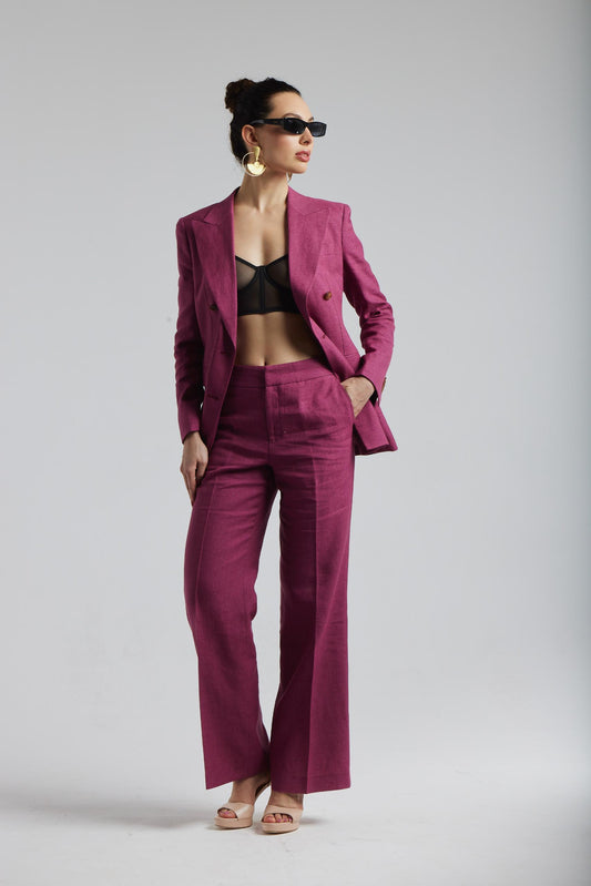 Costume rose en laine et lin