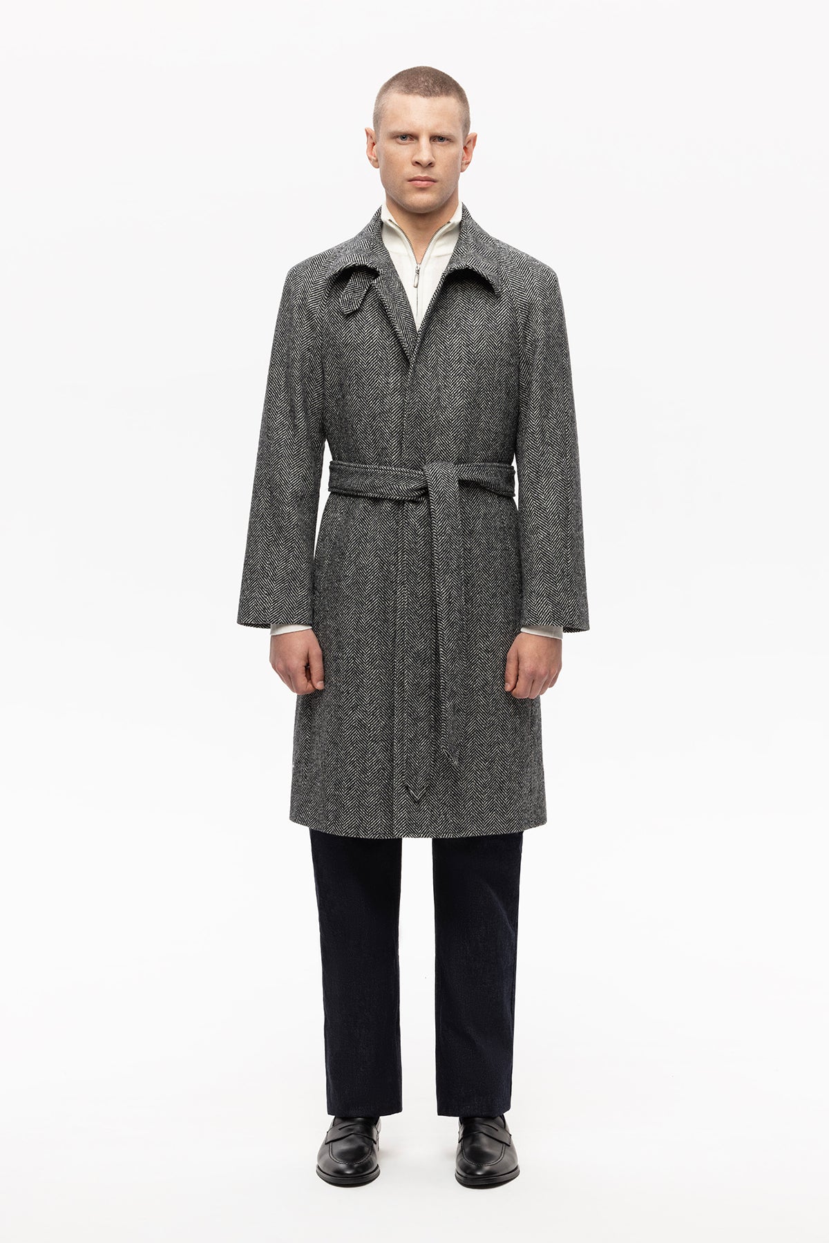 Grey herringbone raglan coat