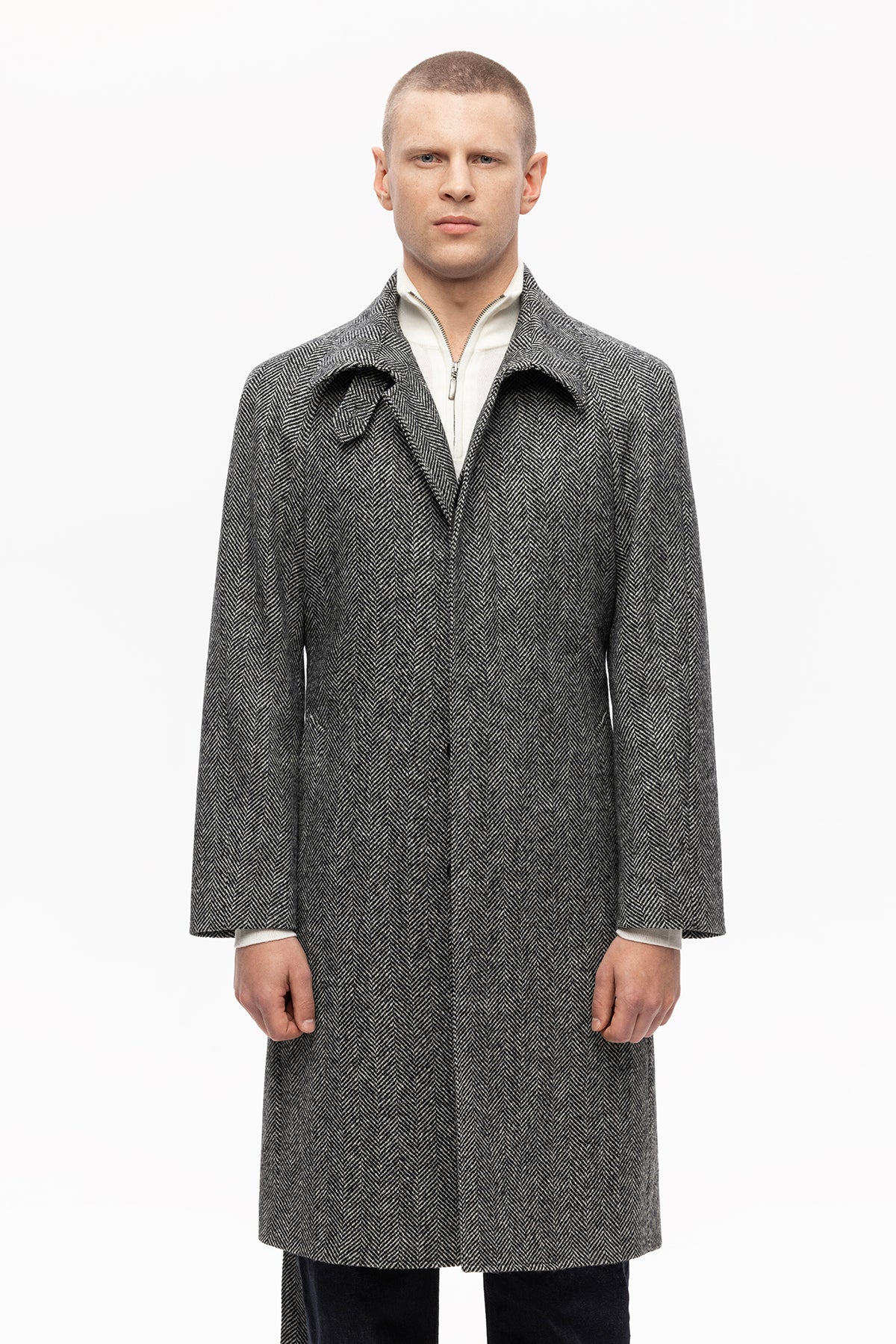 Grey herringbone raglan coat
