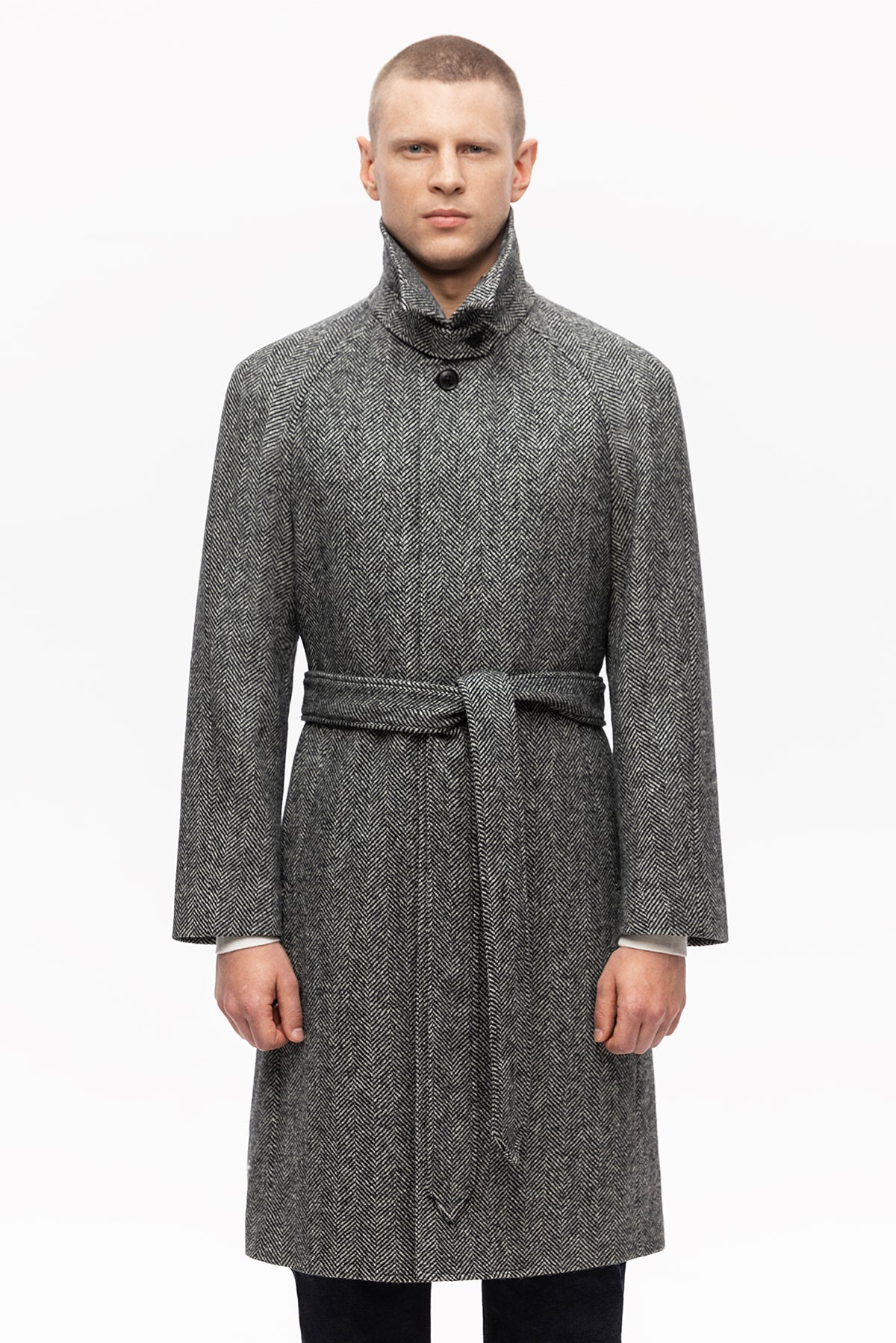 Grey herringbone raglan coat