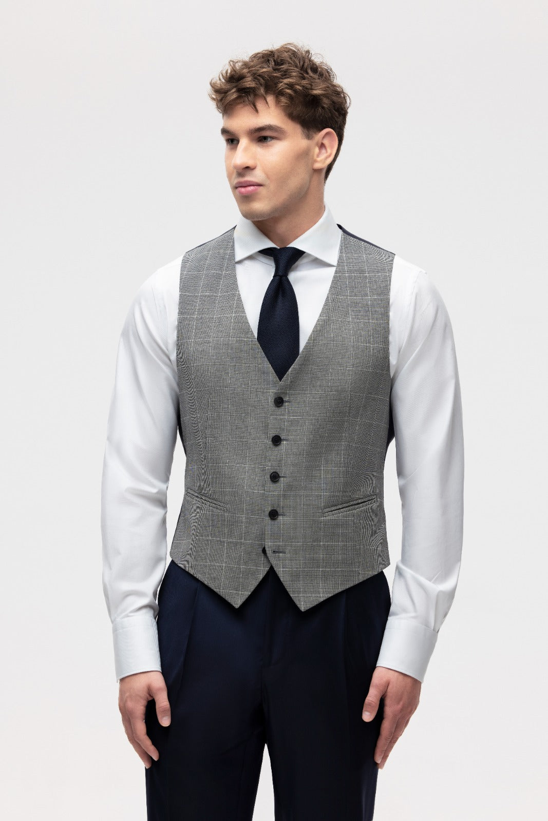 Gray houndstooth vest with beige overcheck
