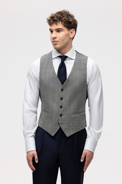 Gray houndstooth vest with beige overcheck