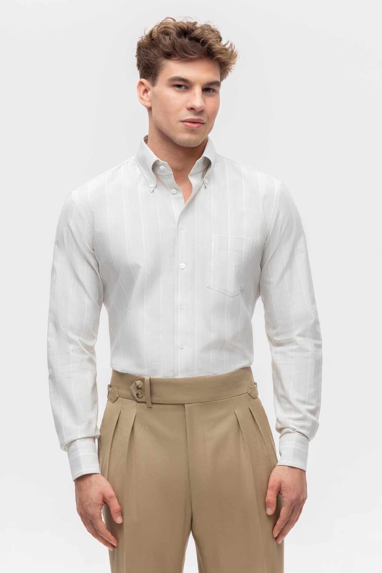 Light beige OCBD shirt with white stripes
