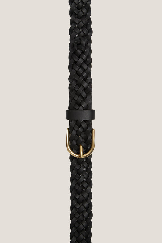 Ceinture en cuir noir tressé avec boucle dorée 