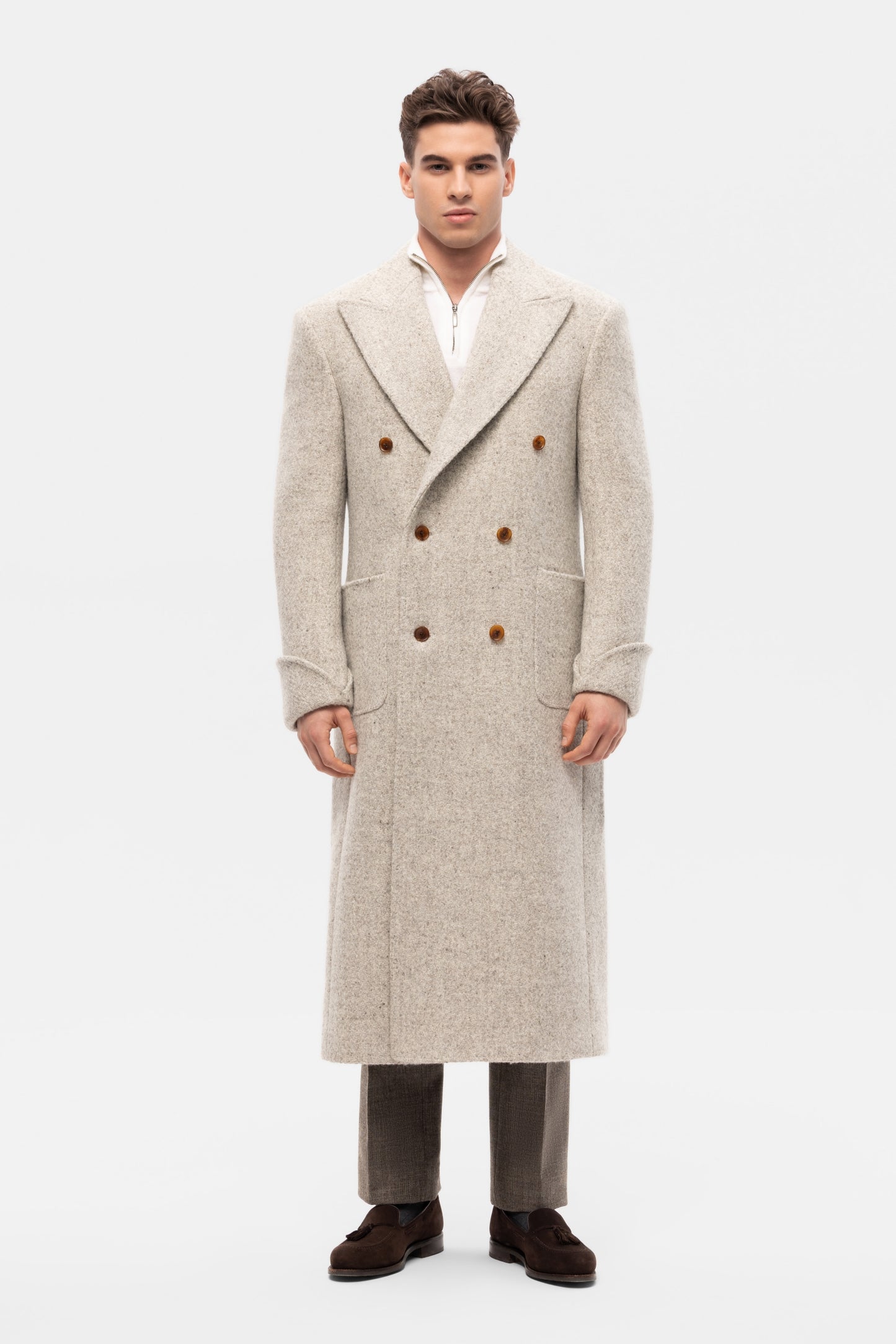 Beige and grey oversized double-breasted overcoat