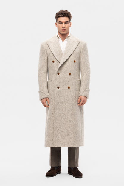 Beige and grey oversized double-breasted overcoat