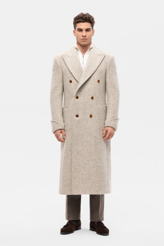 Beige and grey oversized double-breasted overcoat