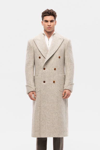 Beige and grey oversized double-breasted overcoat