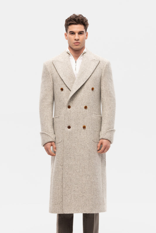Beige and grey oversized double-breasted overcoat