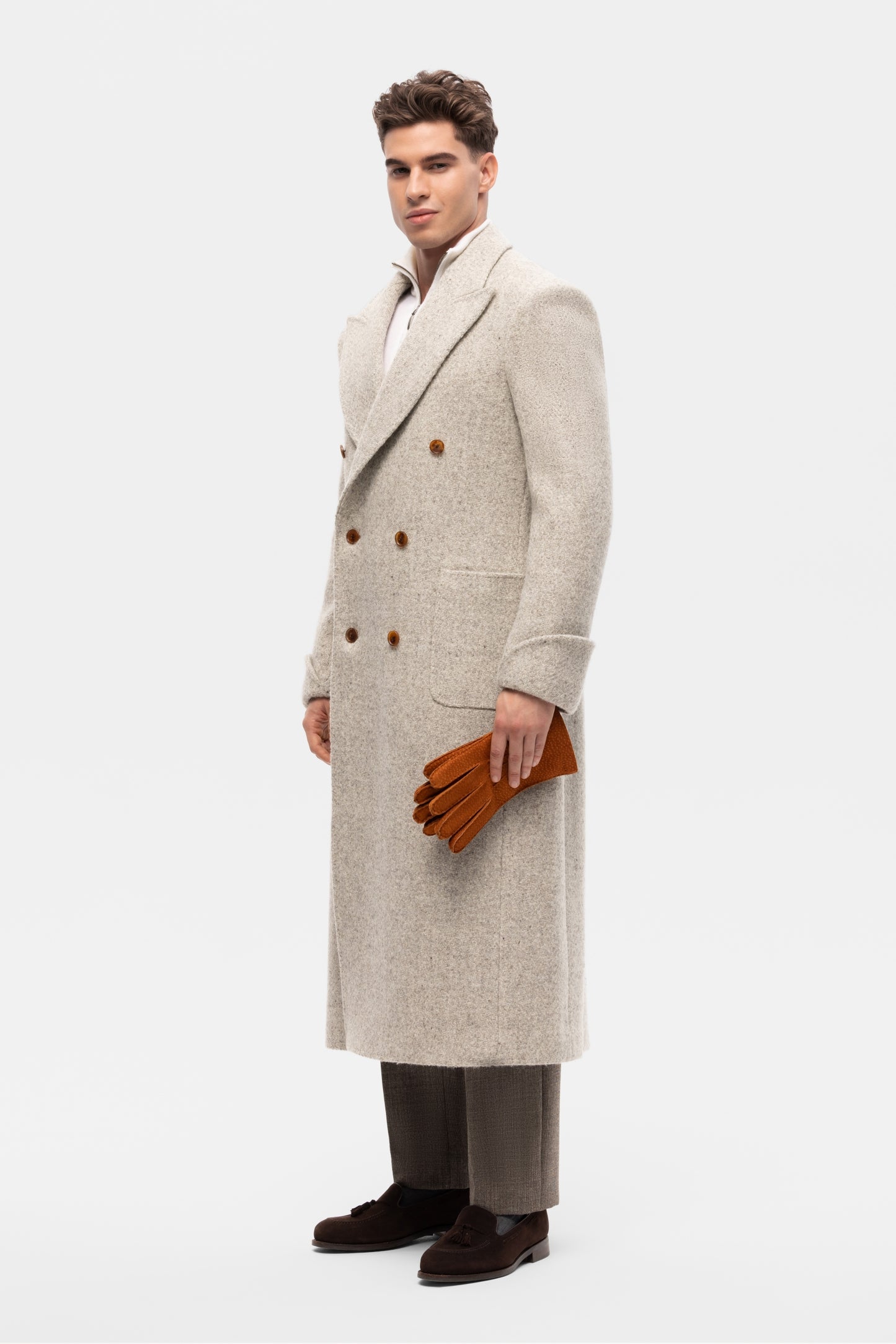 Beige and grey oversized double-breasted overcoat