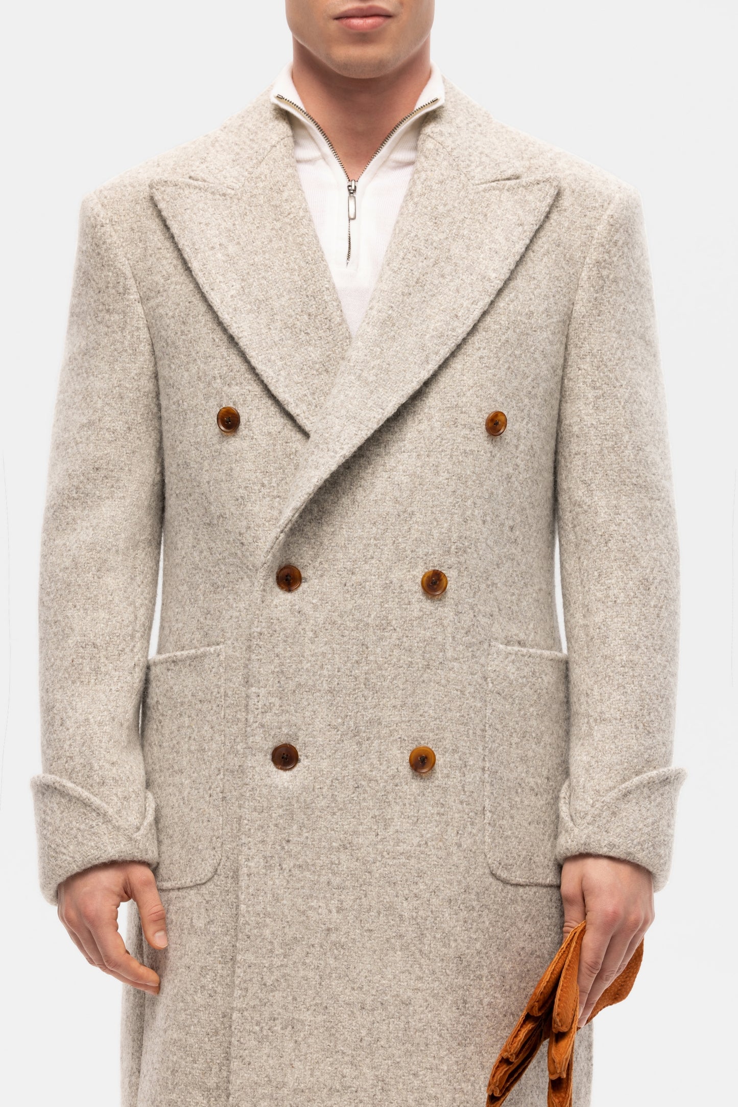 Beige and grey oversized double-breasted overcoat