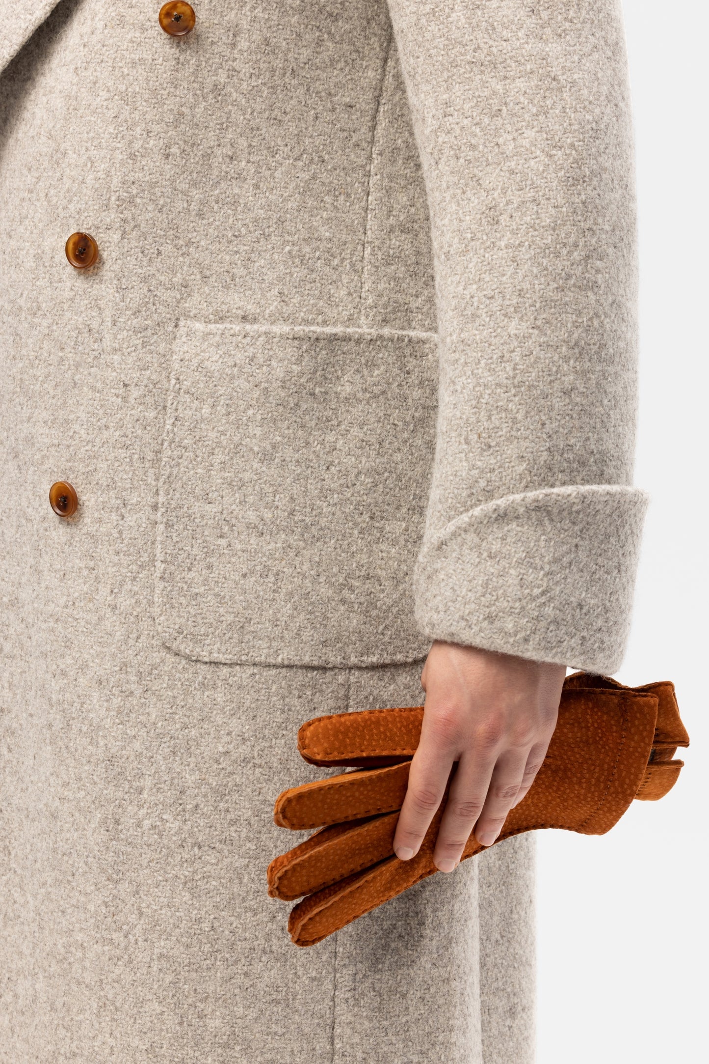 Beige and grey oversized double-breasted overcoat