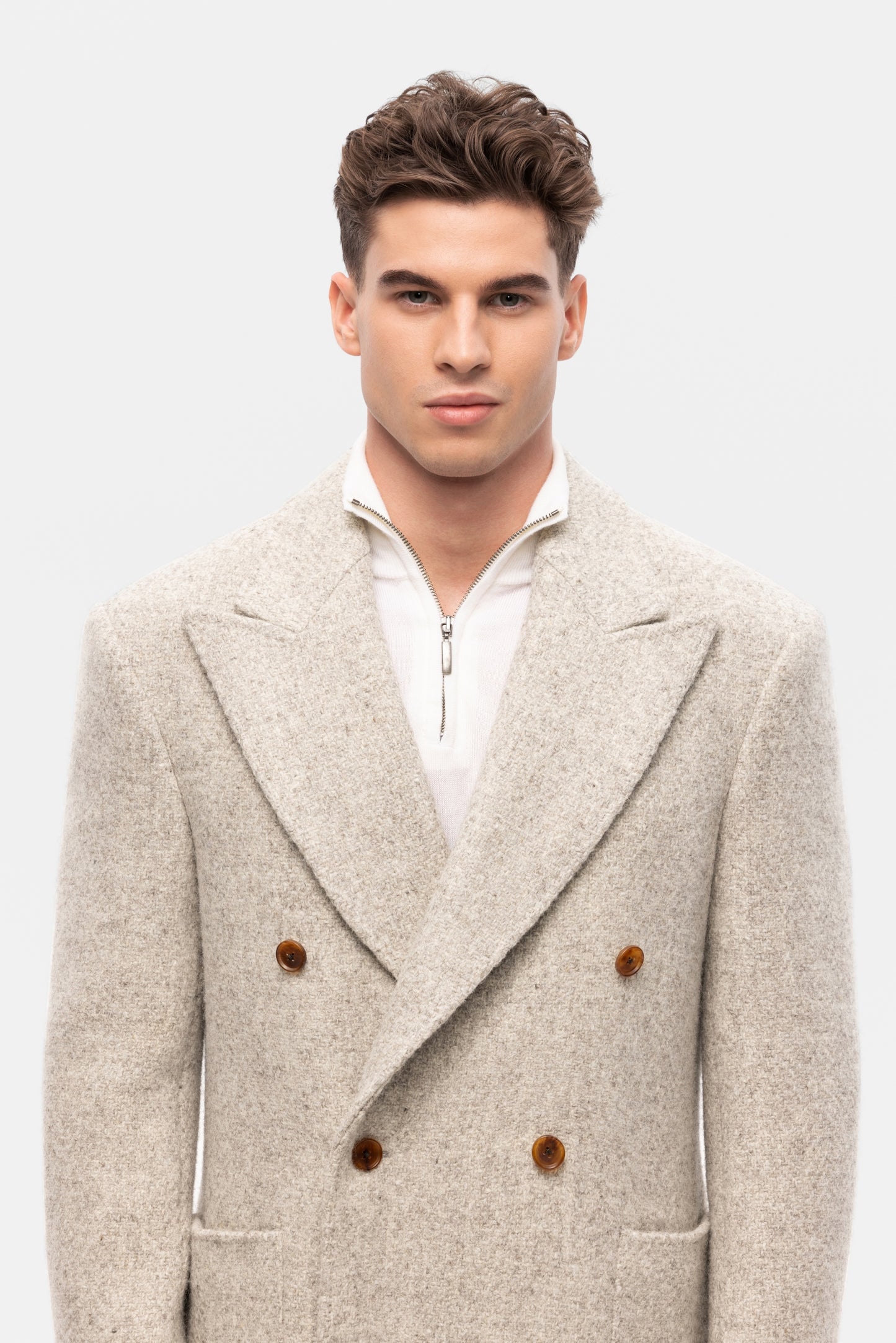 Beige and grey oversized double-breasted overcoat