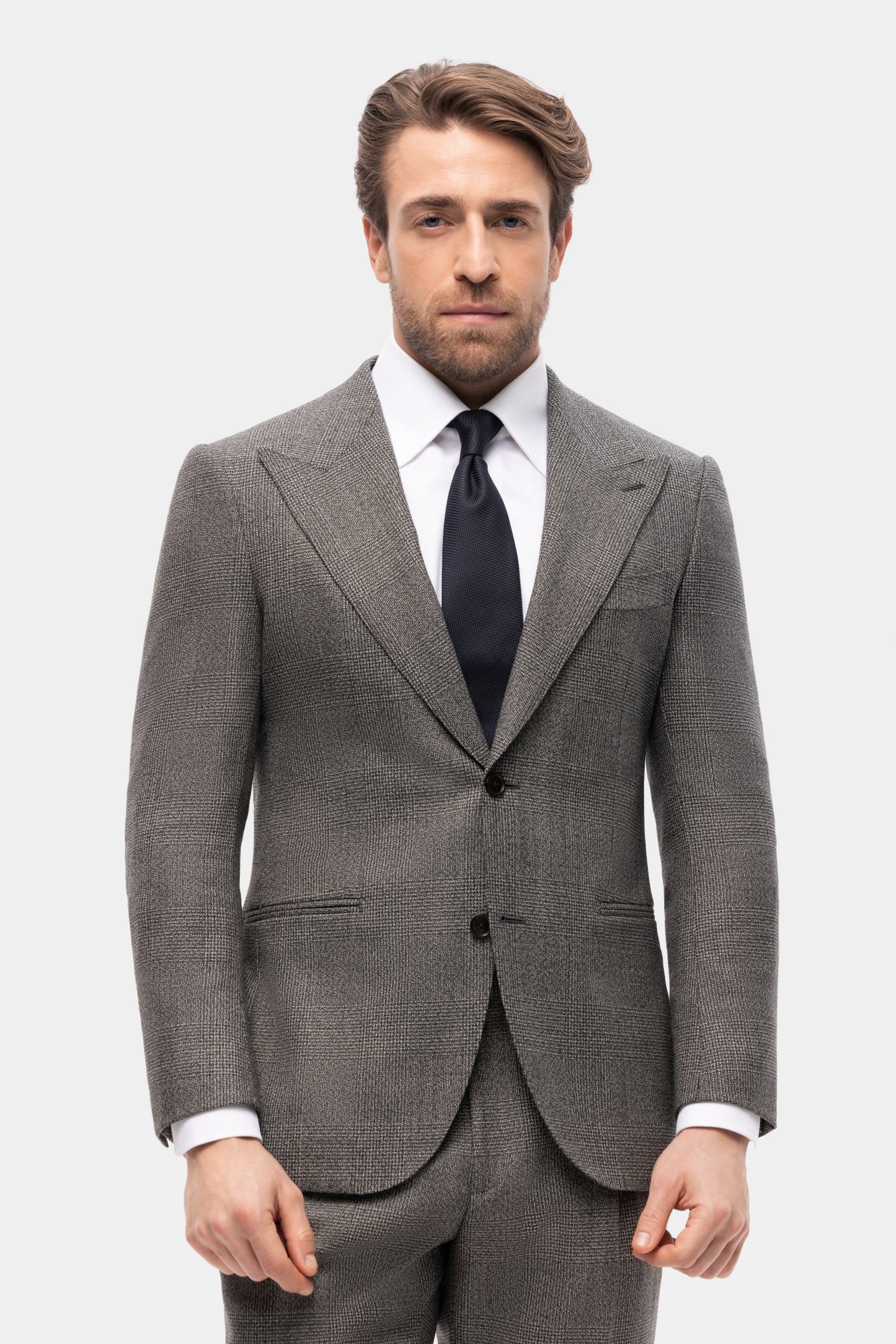 Szary garnitur z wełny w kratę Glencheck