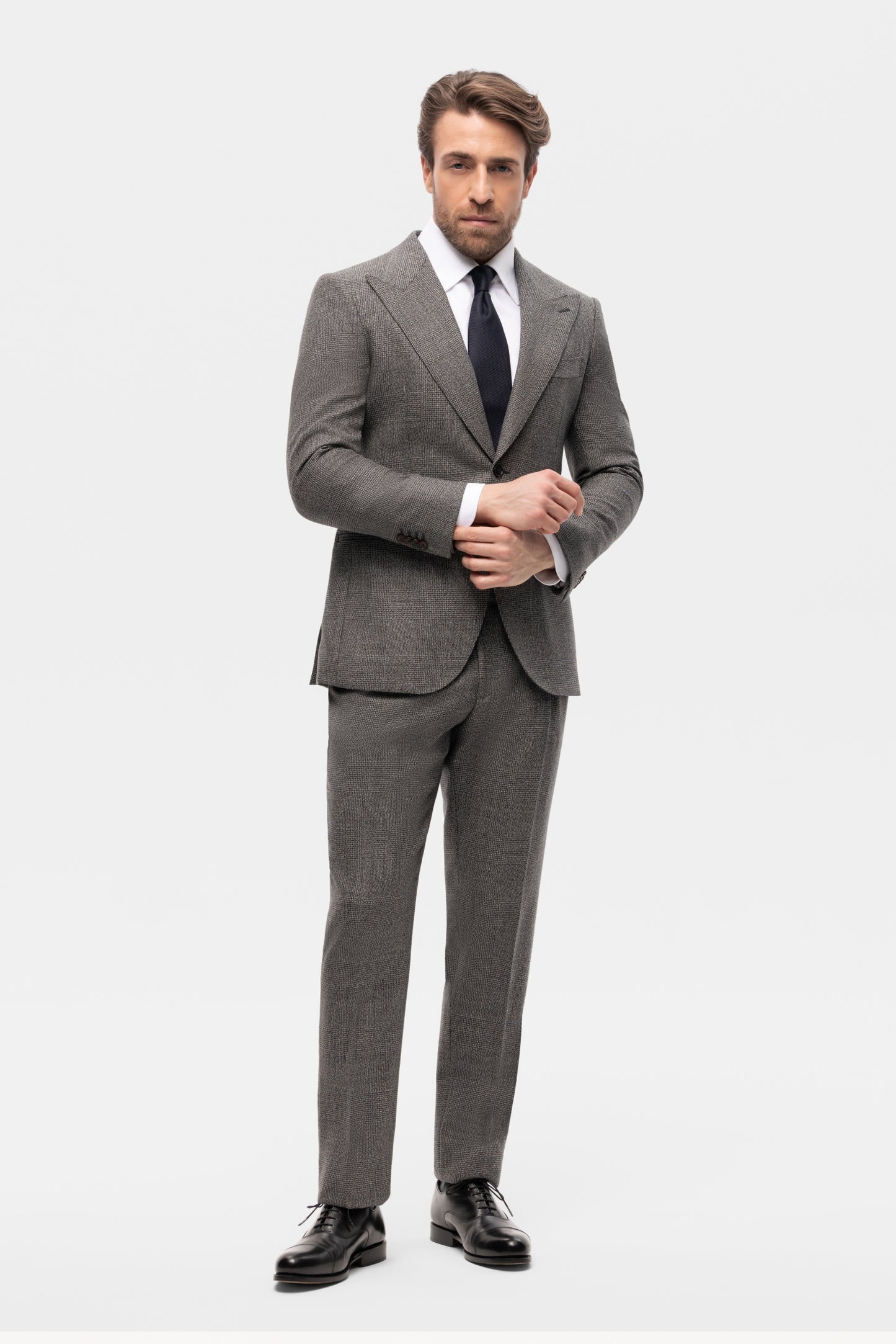 Szary garnitur z wełny w kratę Glencheck