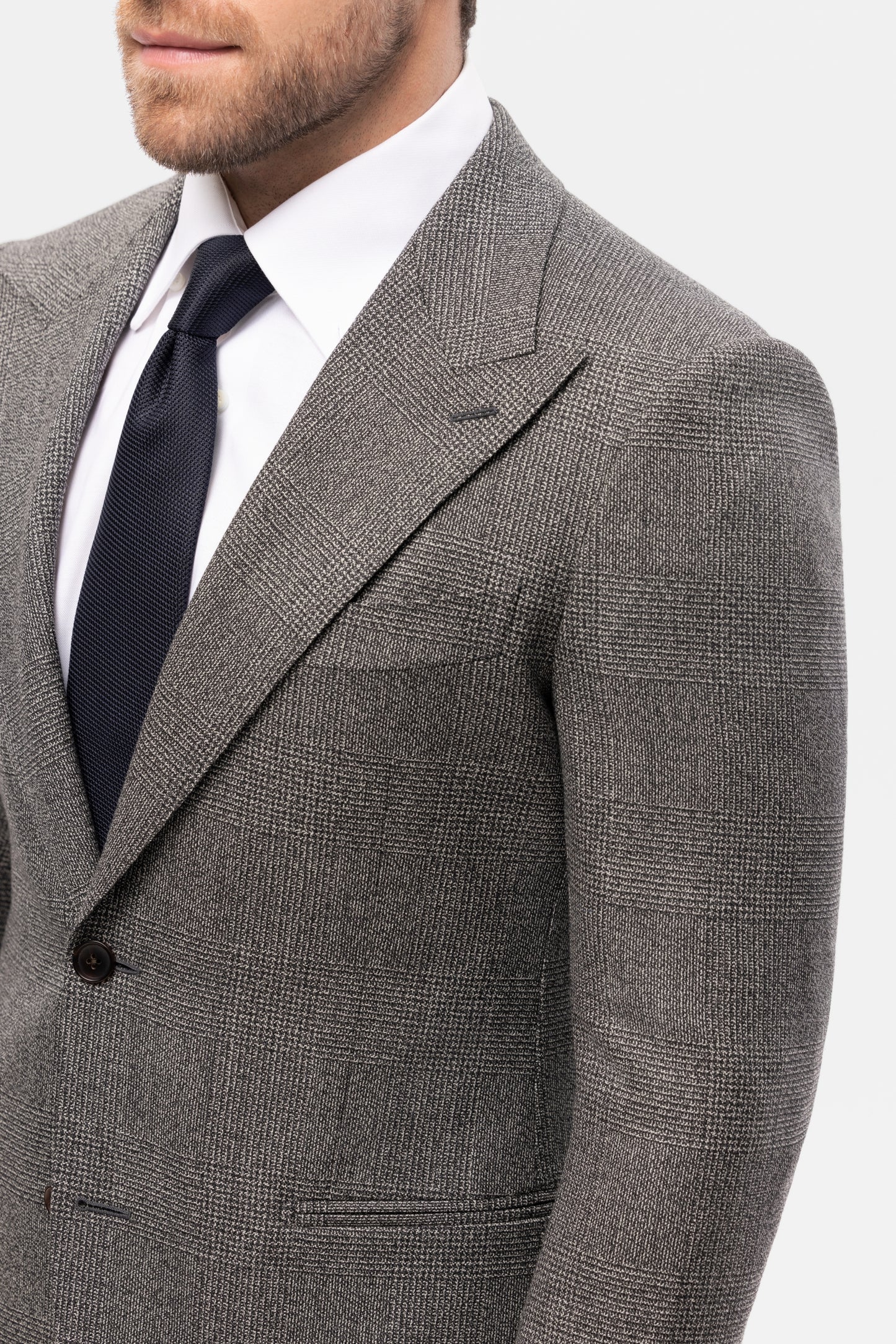 Szary garnitur z wełny w kratę Glencheck