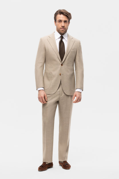 Beżowy garnitur z wełny w kratę Glencheck