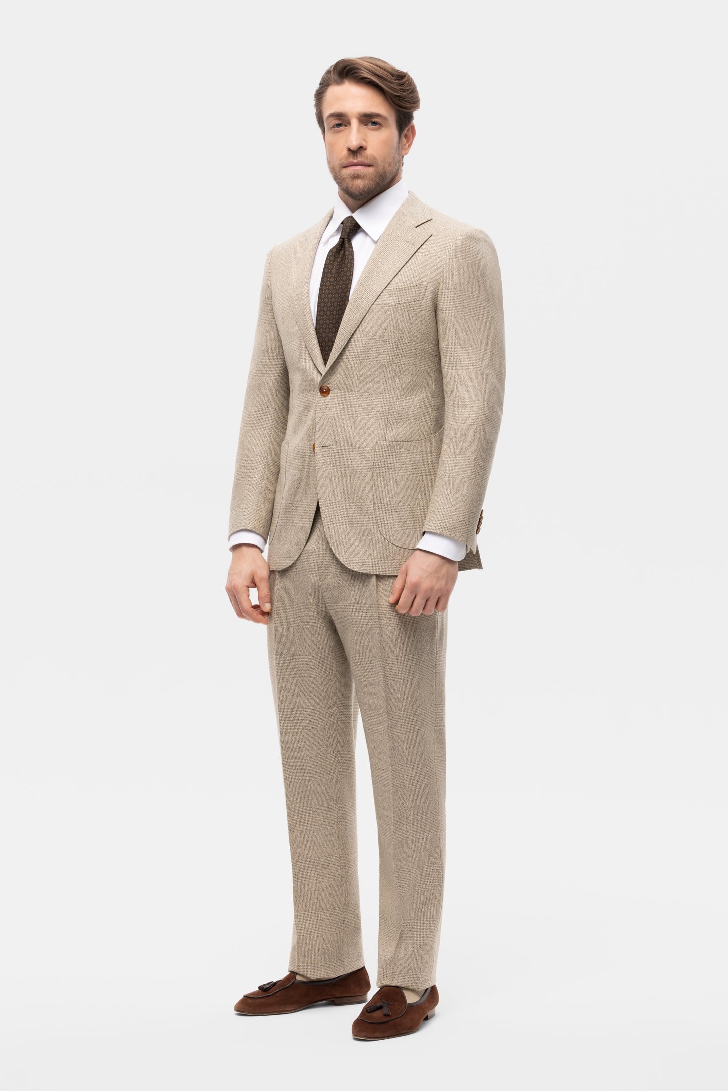 Beżowy garnitur z wełny w kratę Glencheck