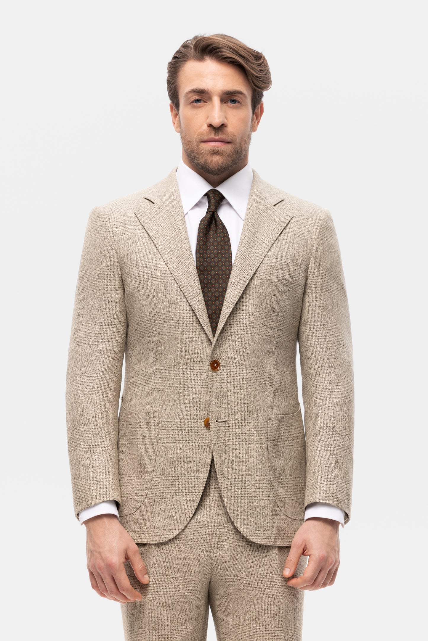 Beżowy garnitur z wełny w kratę Glencheck