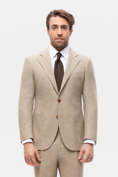 Beżowy garnitur z wełny w kratę Glencheck