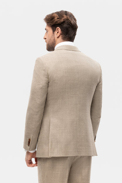 Beżowy garnitur z wełny w kratę Glencheck