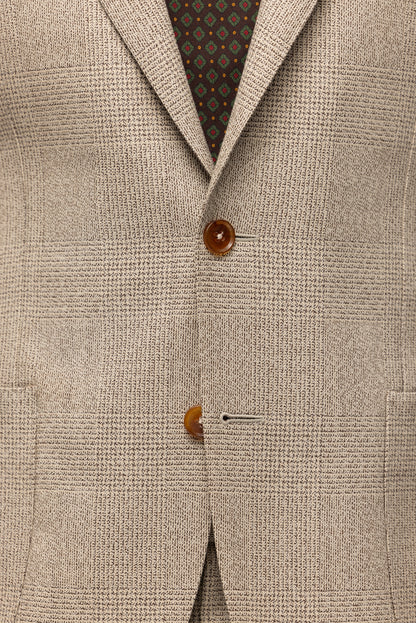 Beżowy garnitur z wełny w kratę Glencheck