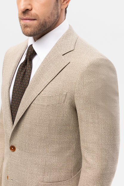 Beżowy garnitur z wełny w kratę Glencheck
