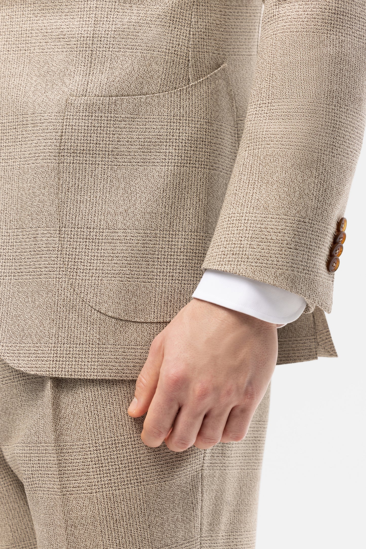 Beżowy garnitur z wełny w kratę Glencheck