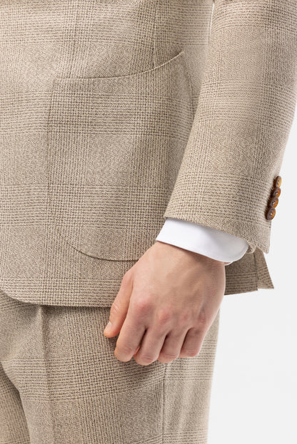 Beżowy garnitur z wełny w kratę Glencheck