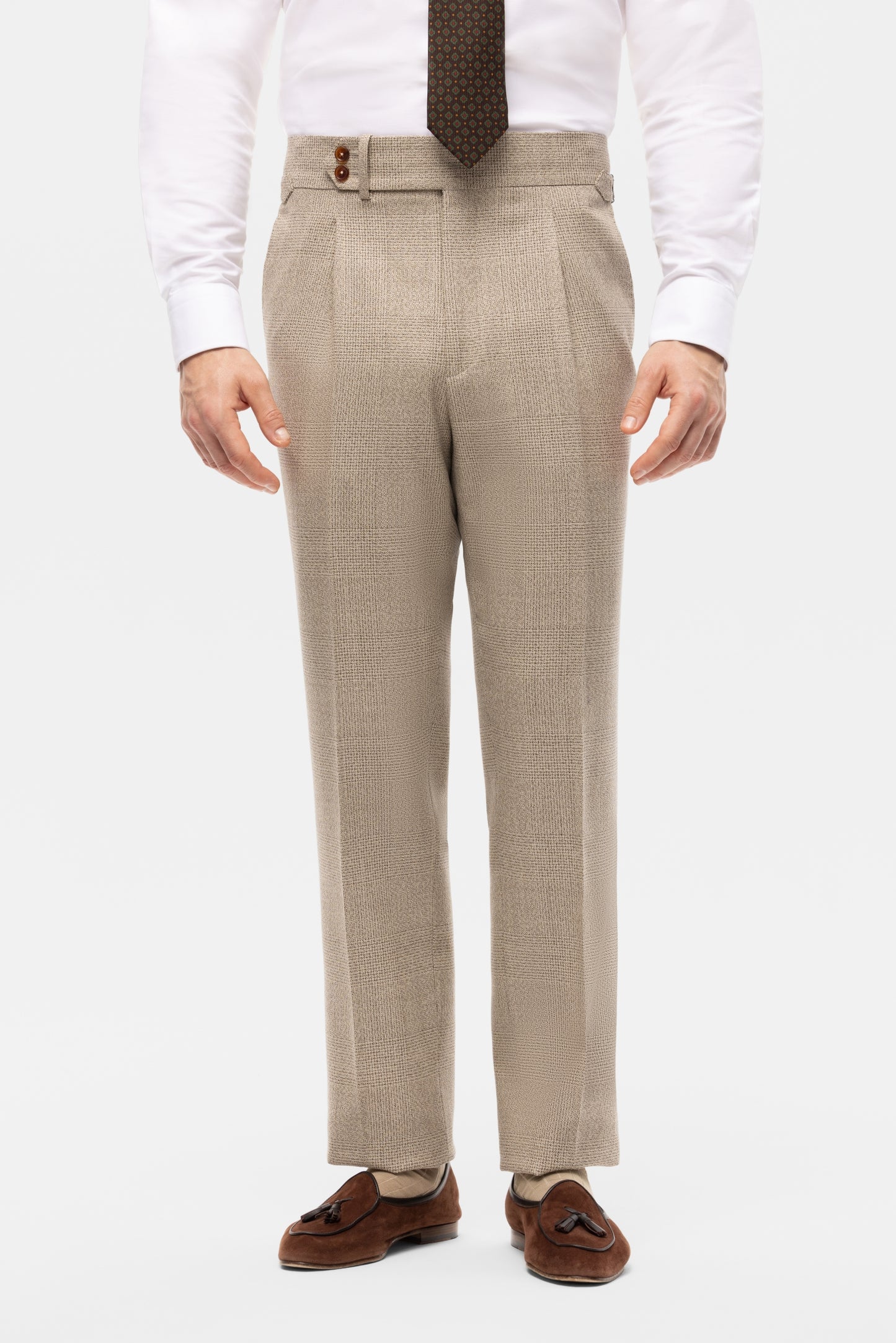 Beżowy garnitur z wełny w kratę Glencheck