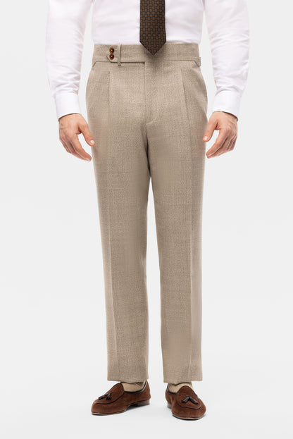 Beżowy garnitur z wełny w kratę Glencheck