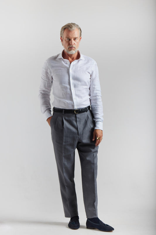 Pantalon gris en laine/lin