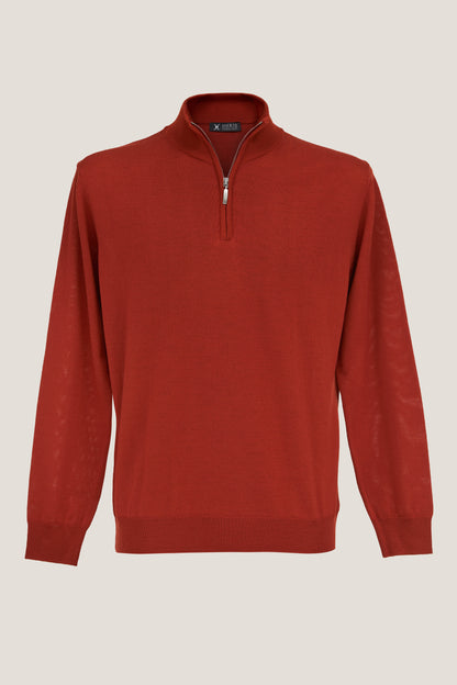 Ceglany sweter z zamkiem pod szyję
